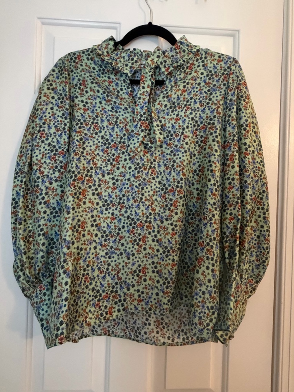 Sandro Mint Green Floral Ruffle-Neck Blouse with Tie